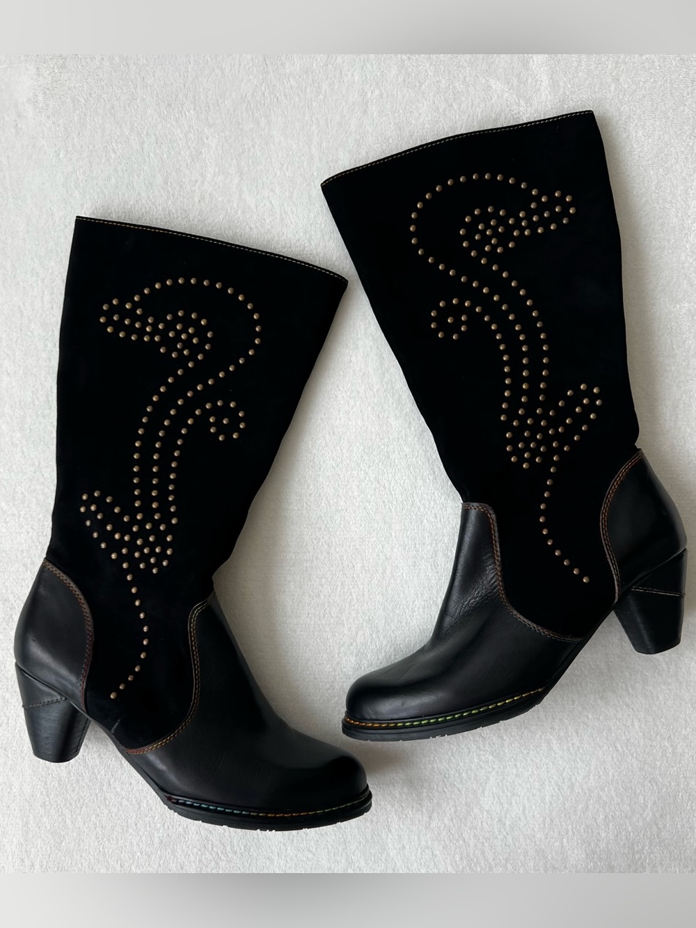 L'artiste Spring Step Black Stud Leather Heeled Boots Size 39